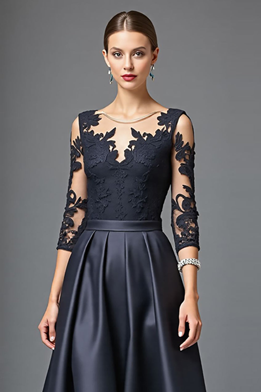 Black A Line Satin Long Wedding Guest Dress with Lace