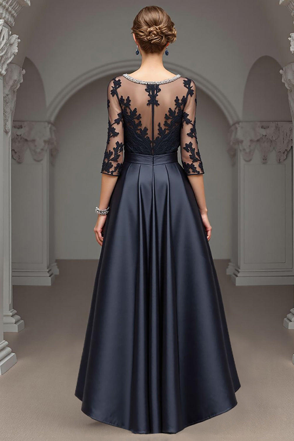 Navy A Line Satin Long Wedding Guest Dress with Lace