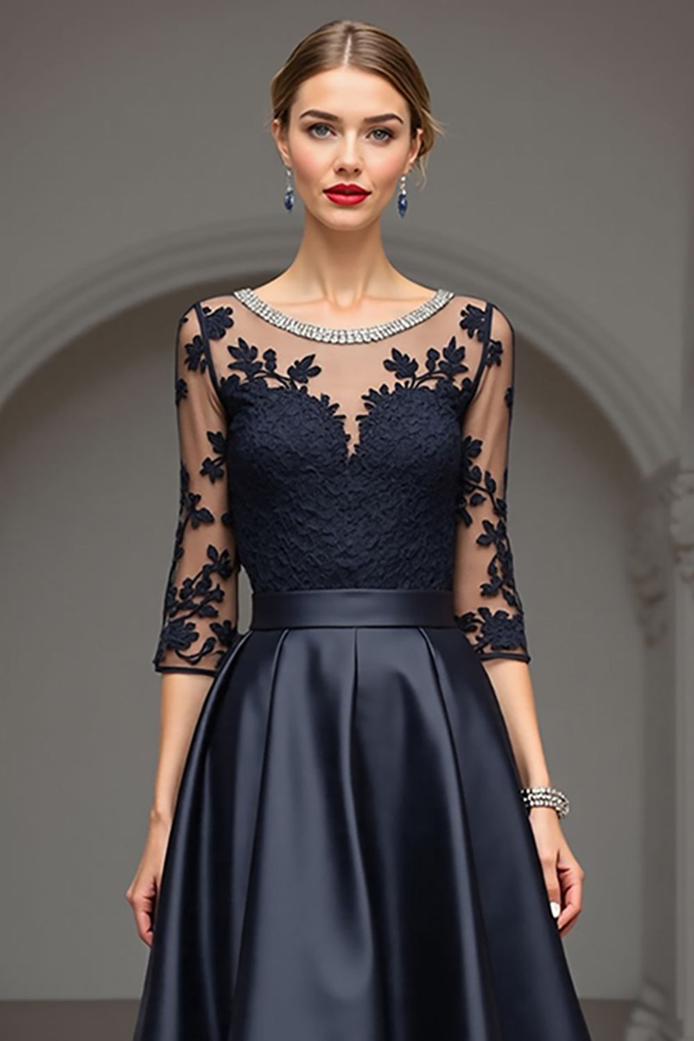 Navy A Line Satin Long Wedding Guest Dress with Lace