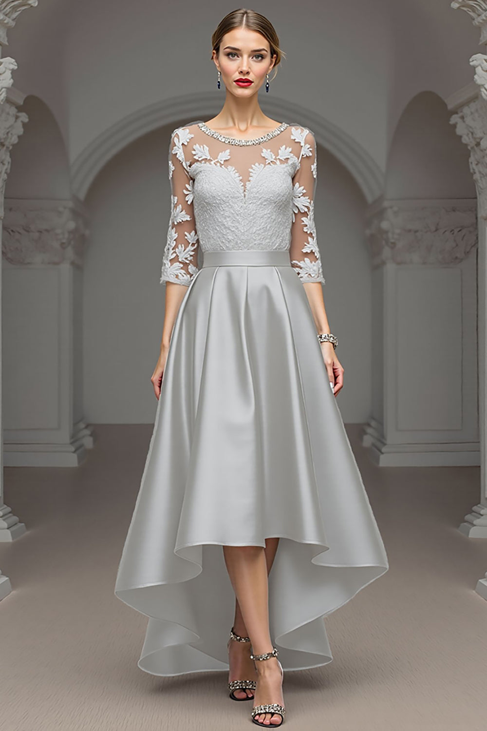 Navy A Line Satin Long Wedding Guest Dress with Lace