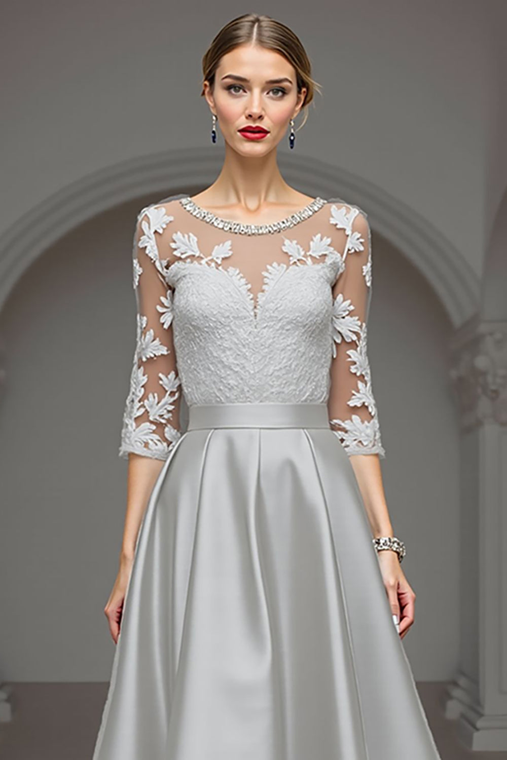 Navy A Line Satin Long Wedding Guest Dress with Lace