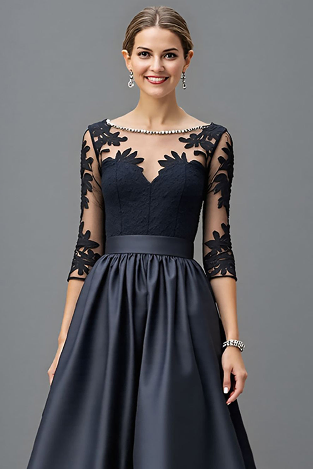 Navy A Line Long Satin Wedding Guest Dress with Lace