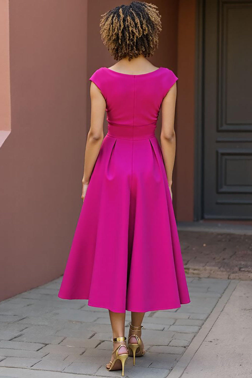 Fuchsia A Line Satin V-Neck Midi Wedding Guest Dress