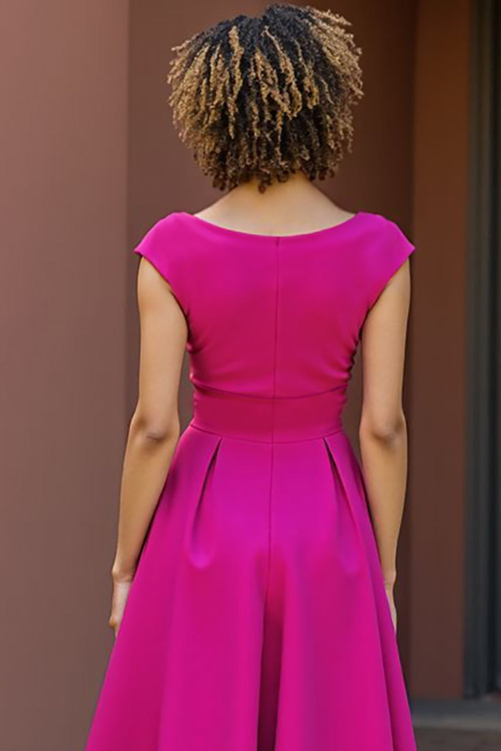 Fuchsia A Line Satin V-Neck Midi Wedding Guest Dress