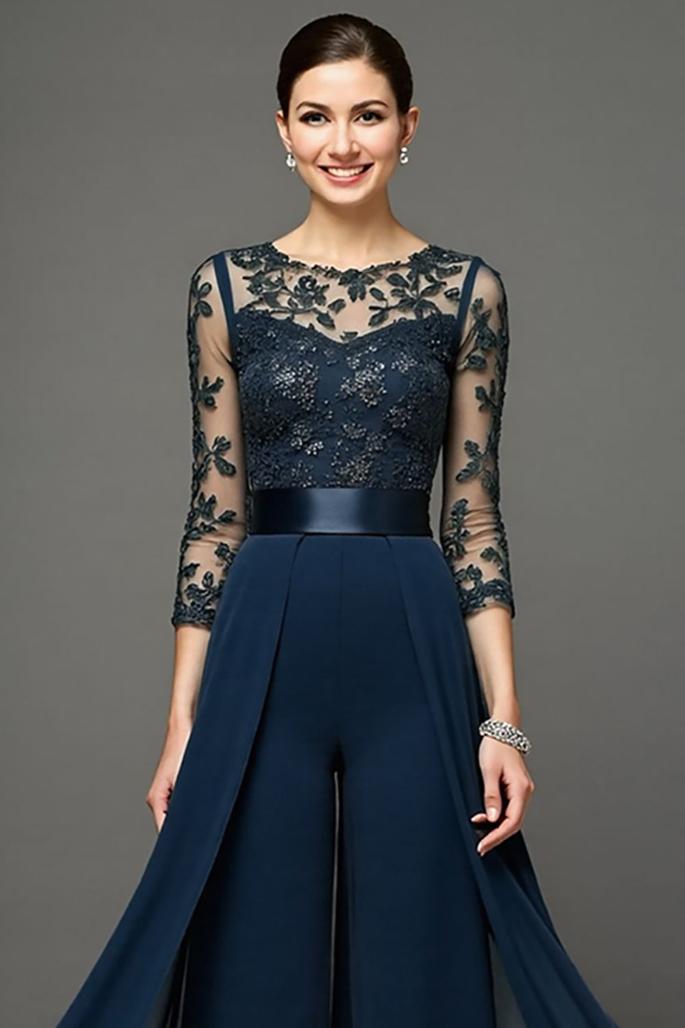 Navy Chiffon Appliqued Mother of the Bride Pantsuits 