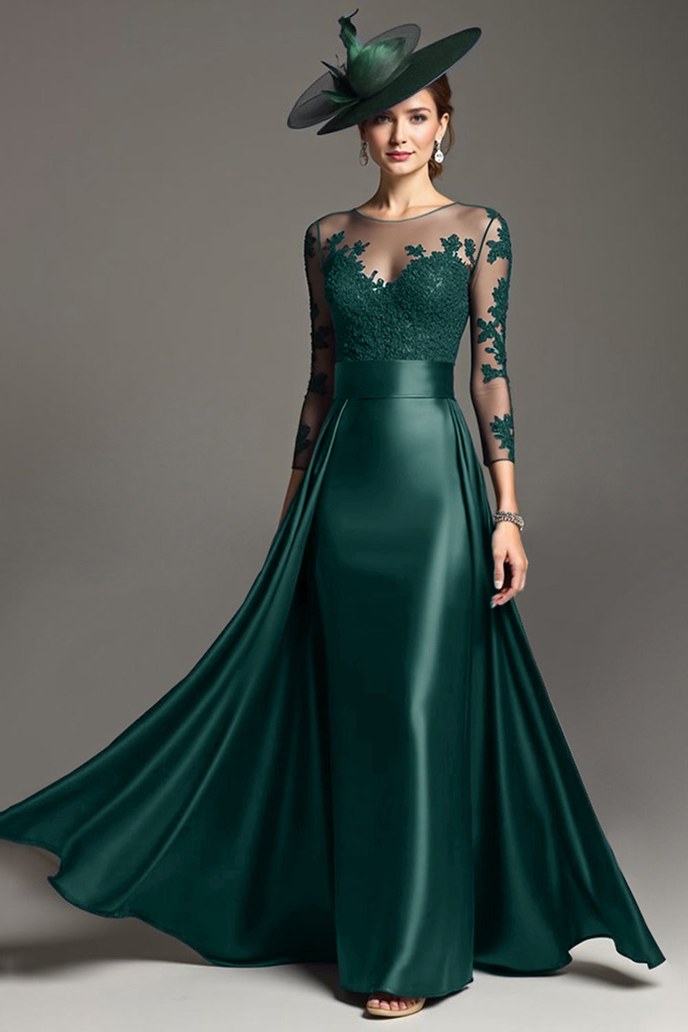 Navy Illusion Neck Satin Long Wedding Guest Dress with Lace