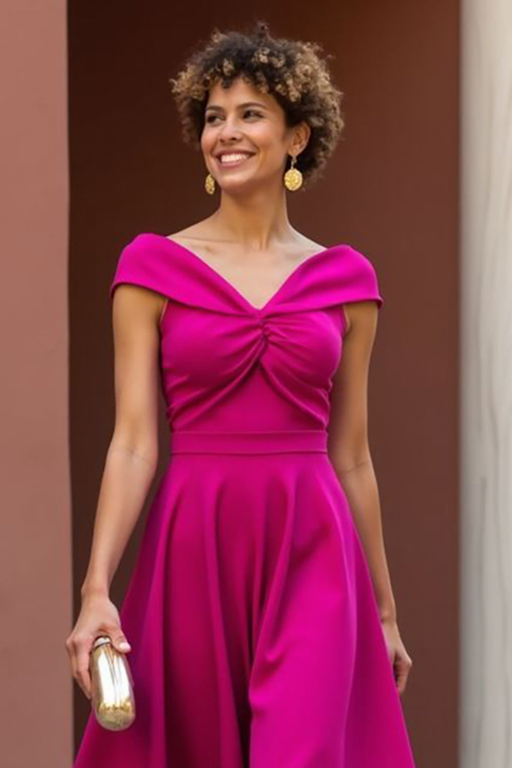Fuchsia Satin A Line V-Neck Midi Wedding Guest Dress