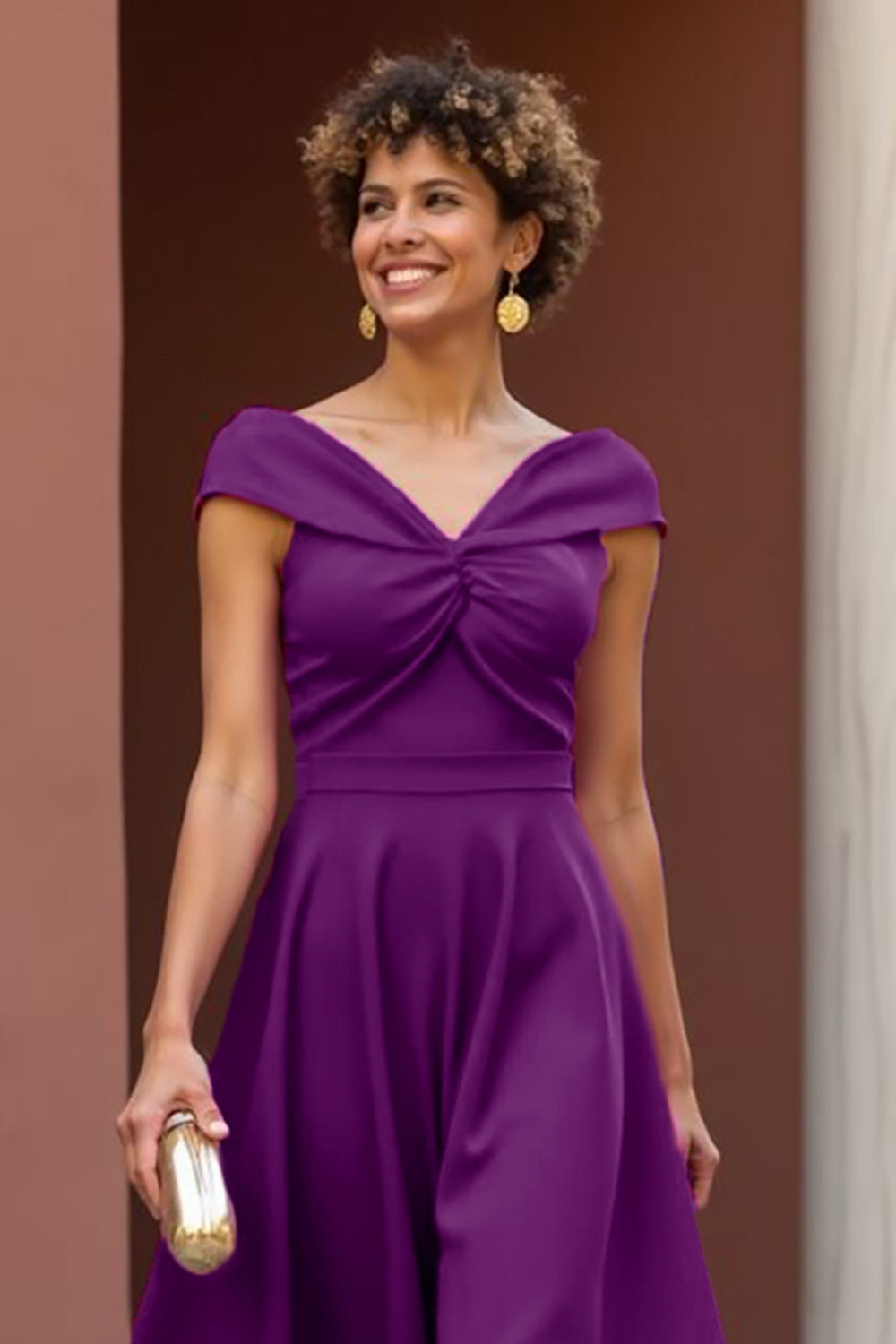 Fuchsia Satin A Line V-Neck Midi Wedding Guest Dress