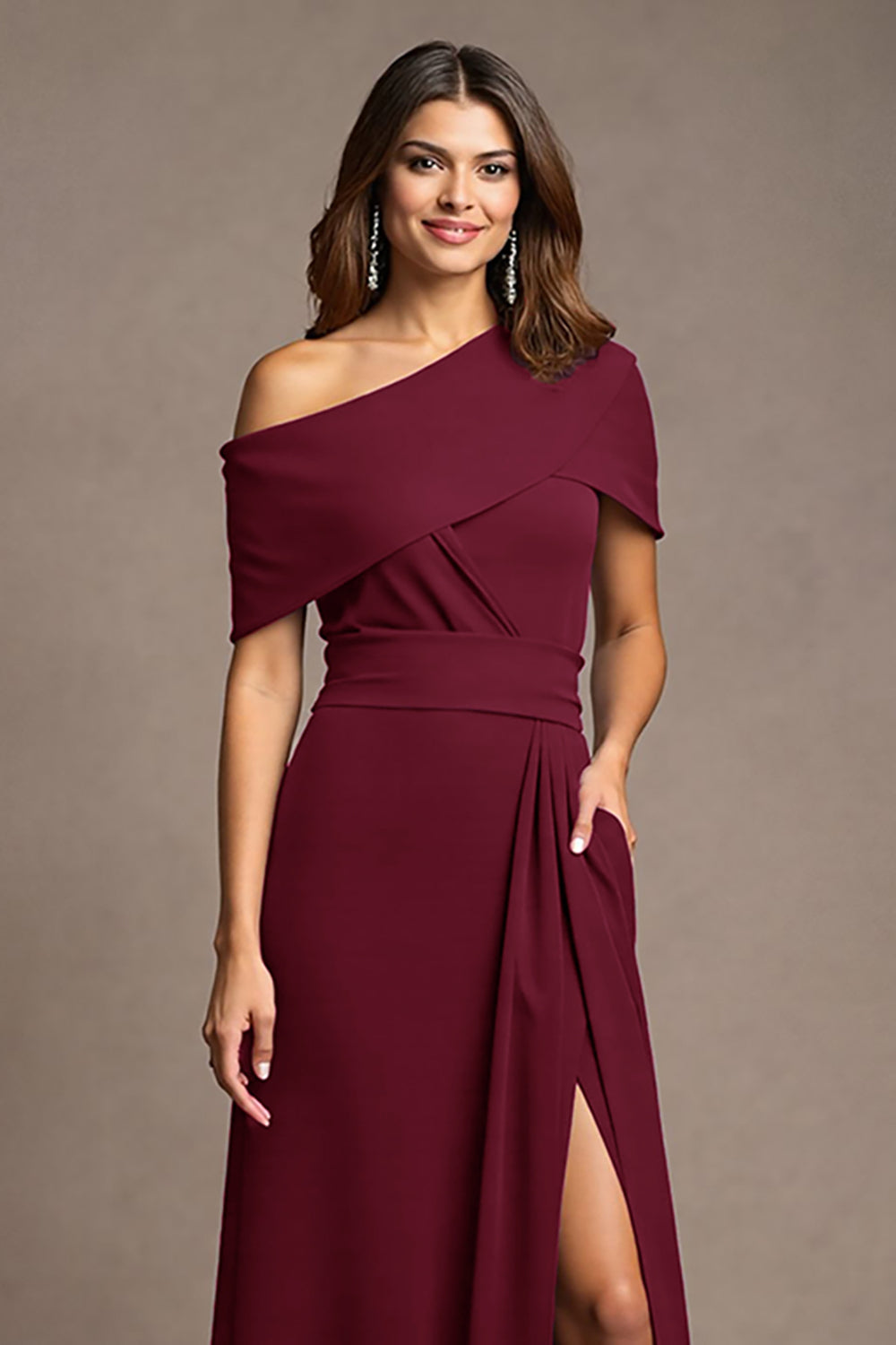 Burgundy Satin Sheath Long Wedding Guest Dress with Slit