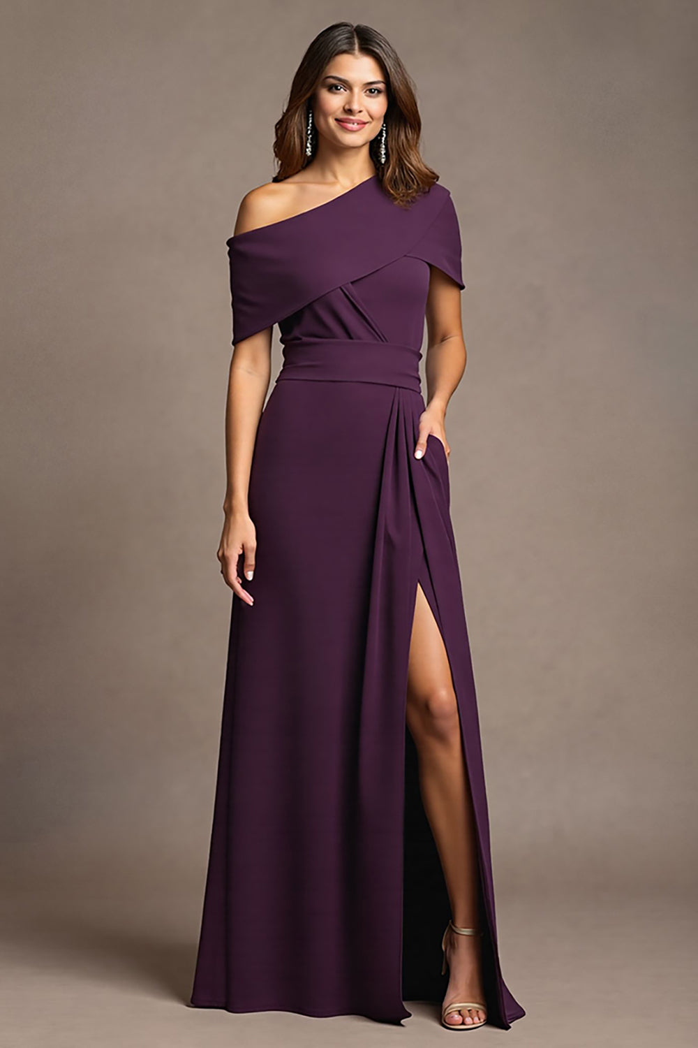 Burgundy Satin Sheath Long Wedding Guest Dress with Slit