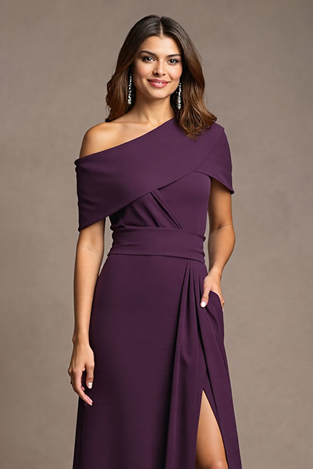 Burgundy Satin Sheath Long Wedding Guest Dress with Slit