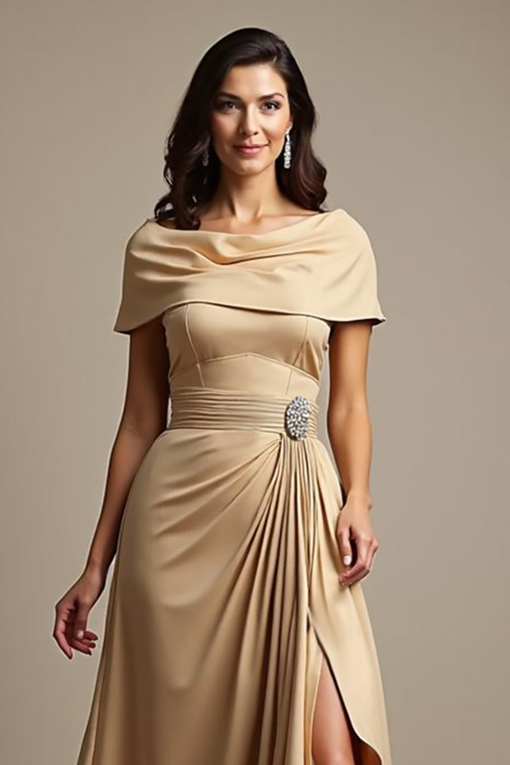 Champagne Satin A Line Long Ruffled Wedding Guest Dress with Slit