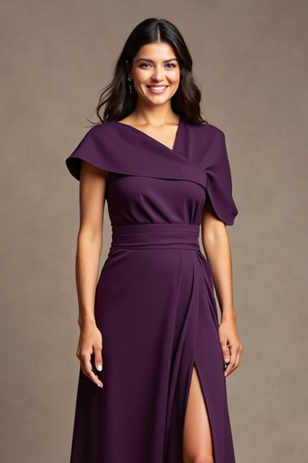 Grape Asymmetrical Neck Satin Long Wedding Guest Dress with Slit