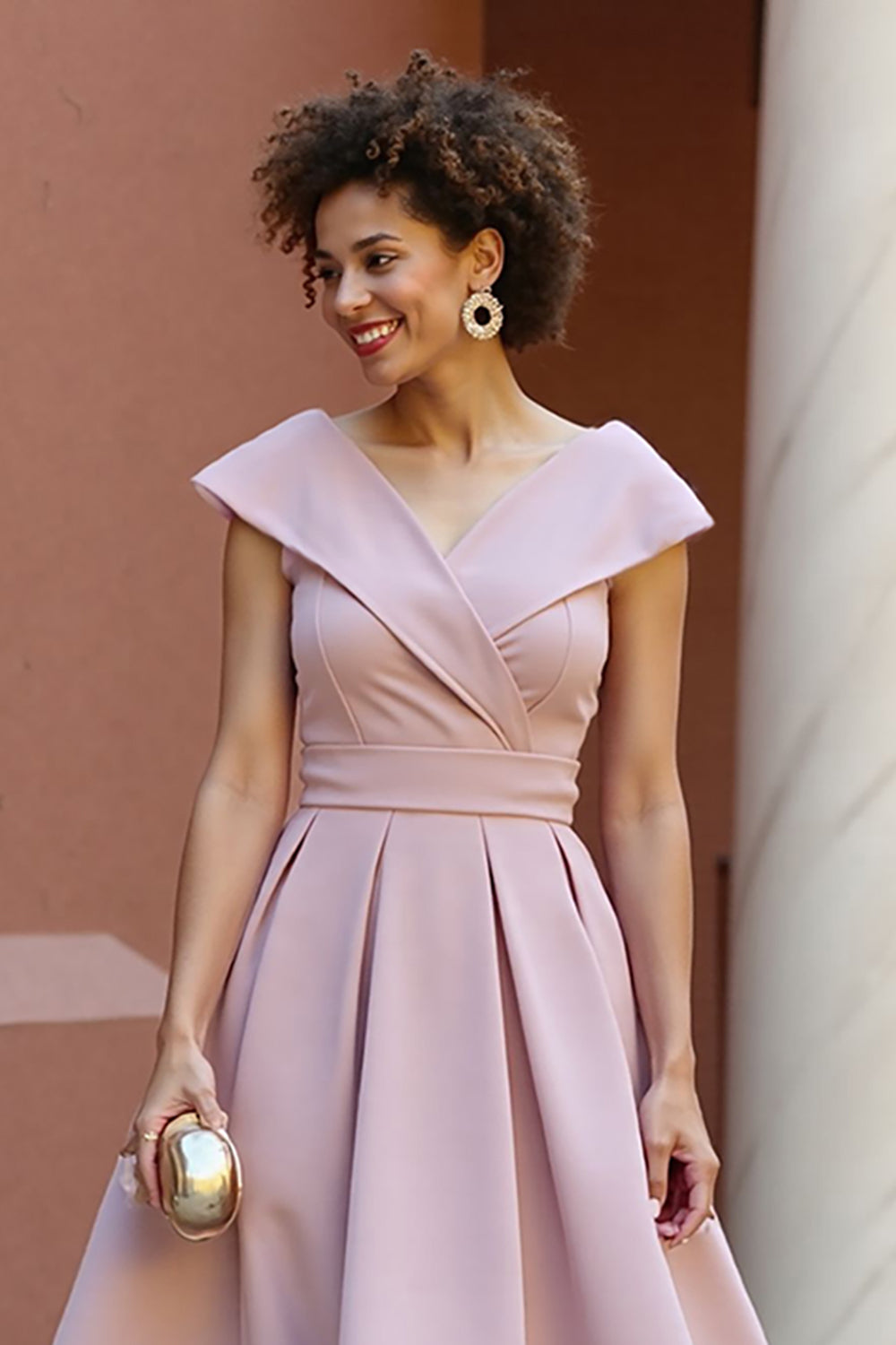 Dusty Rose Satin V-Neck A Line Midi Wedding Guest Dress