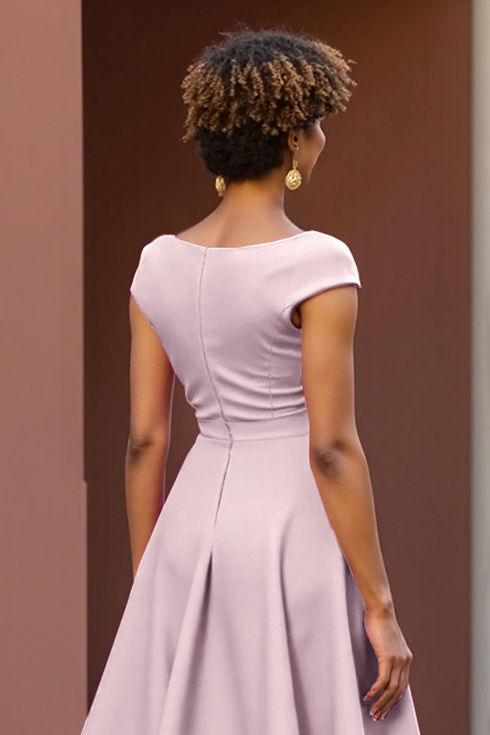 Dusty Rose Satin V-Neck A Line Midi Wedding Guest Dress