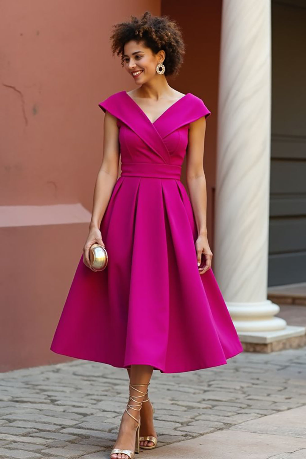 Dusty Rose Satin V-Neck A Line Midi Wedding Guest Dress