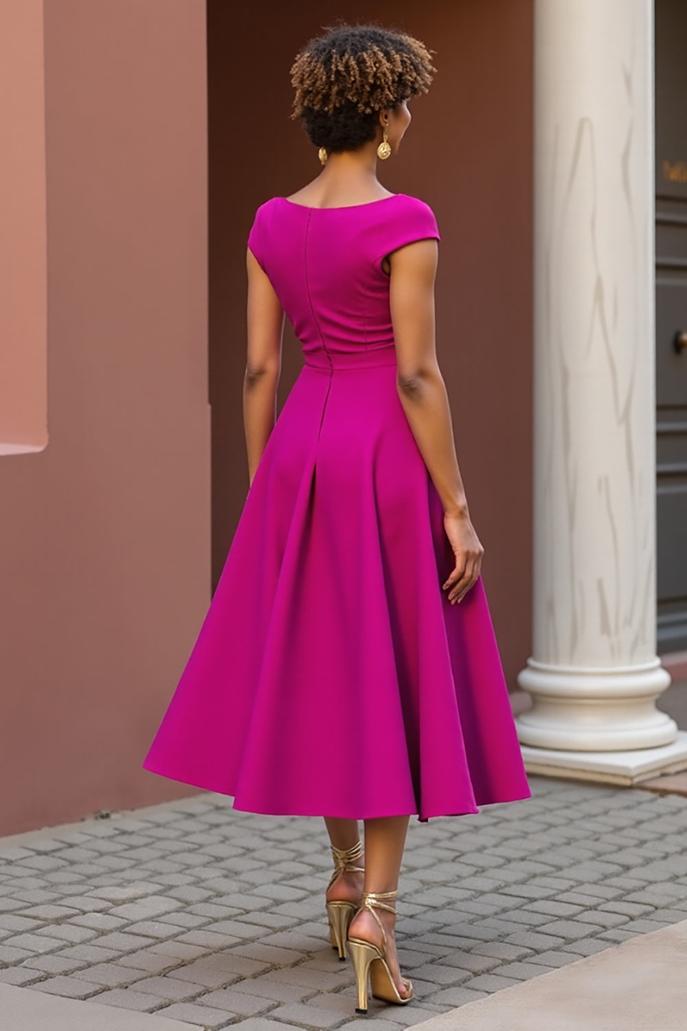 Dusty Rose Satin V-Neck A Line Midi Wedding Guest Dress