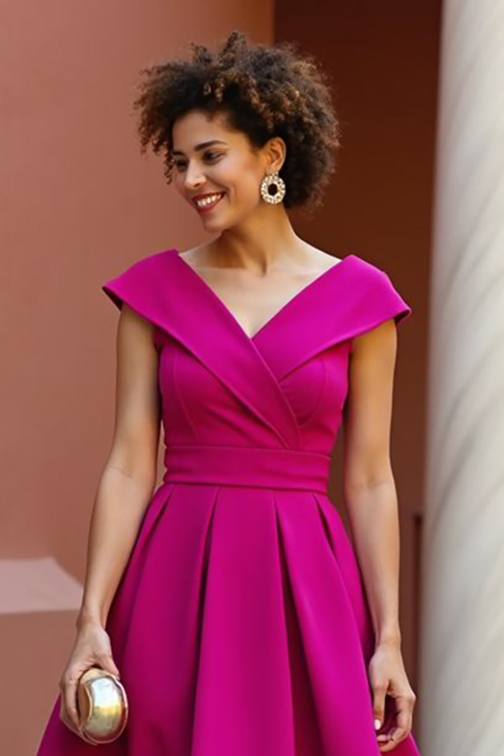 Dusty Rose Satin V-Neck A Line Midi Wedding Guest Dress