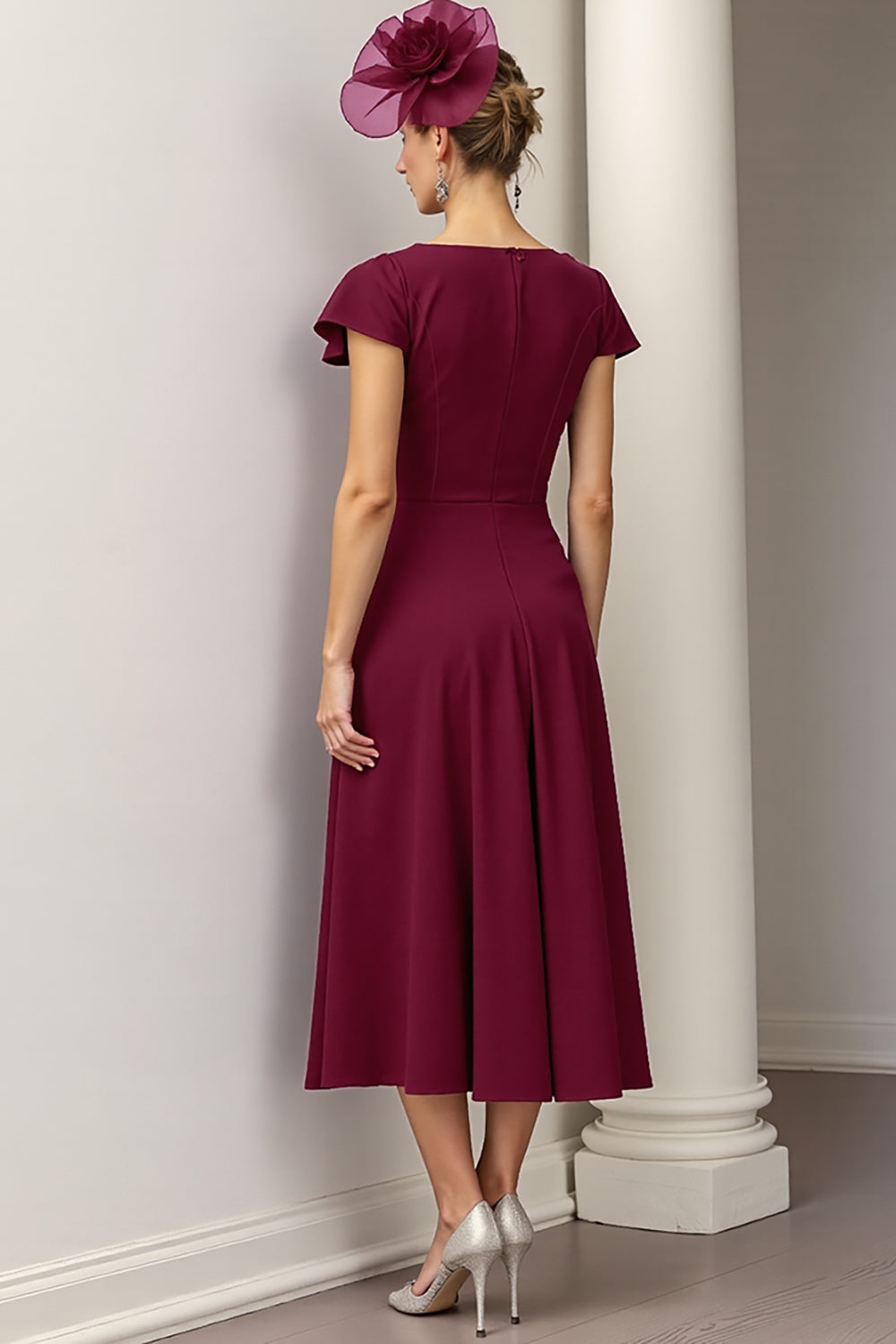 Burgundy A Line Midi Satin Wedding Guest Dress with Ruffles