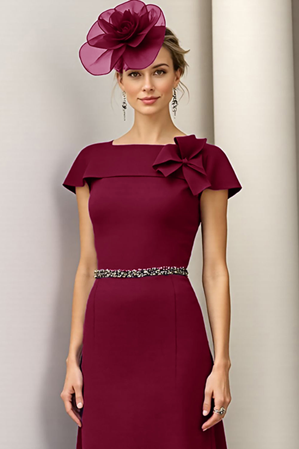 Burgundy A Line Midi Satin Wedding Guest Dress with Ruffles