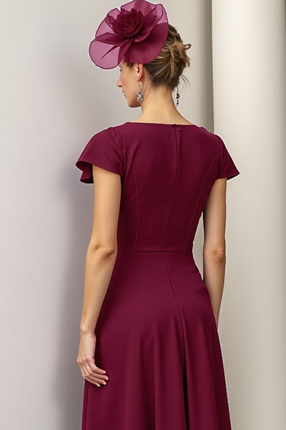 Burgundy A Line Midi Satin Wedding Guest Dress with Ruffles