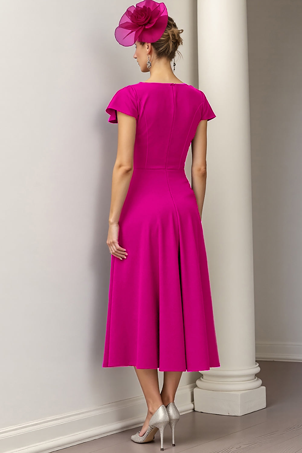 Burgundy A Line Midi Satin Wedding Guest Dress with Ruffles