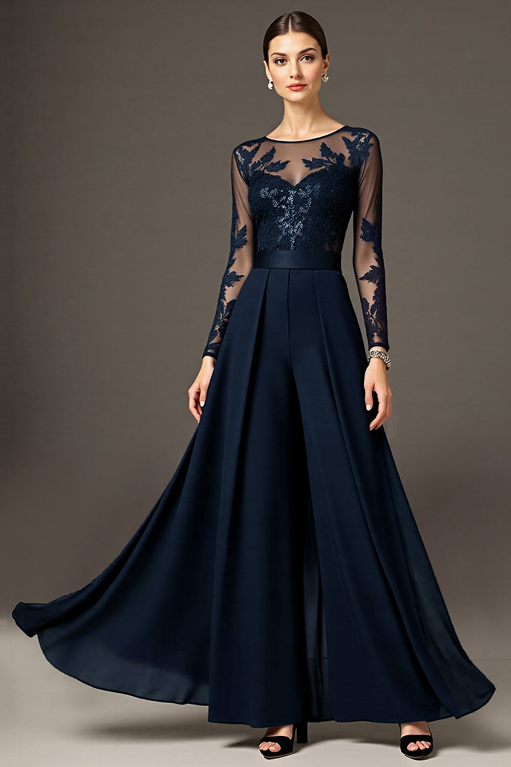 Black A Line Long Chiffon Wedding Guest Dress with Lace
