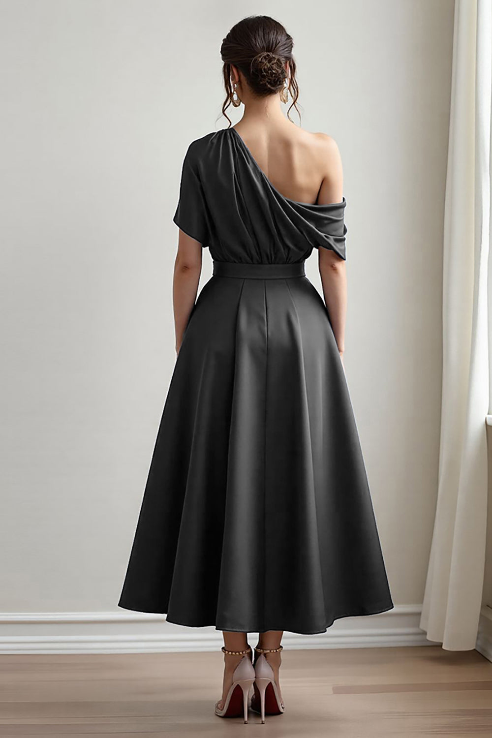 Black A Line Satin Long Wedding Guest Dress with Pockets