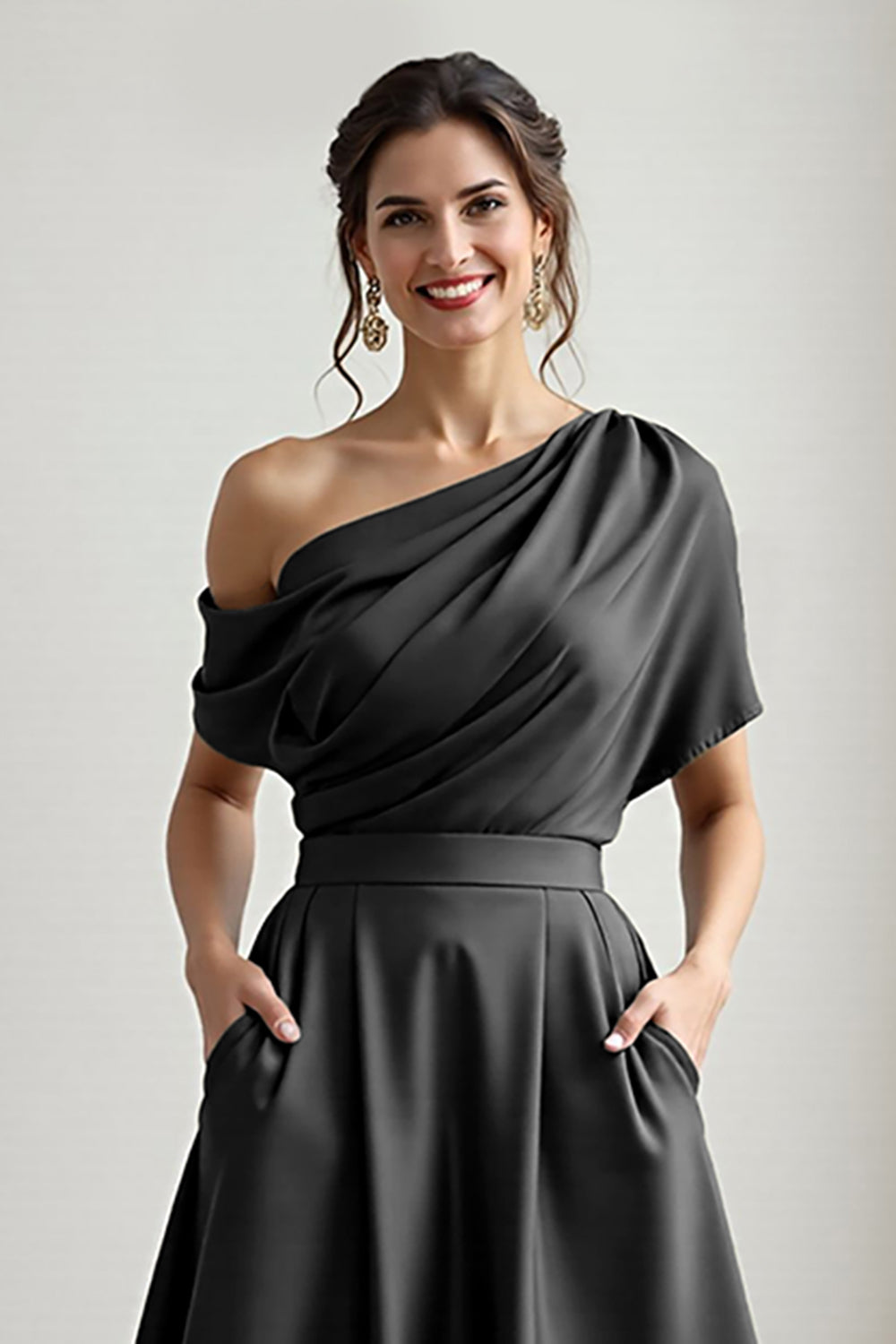 Black A Line Satin Long Wedding Guest Dress with Pockets