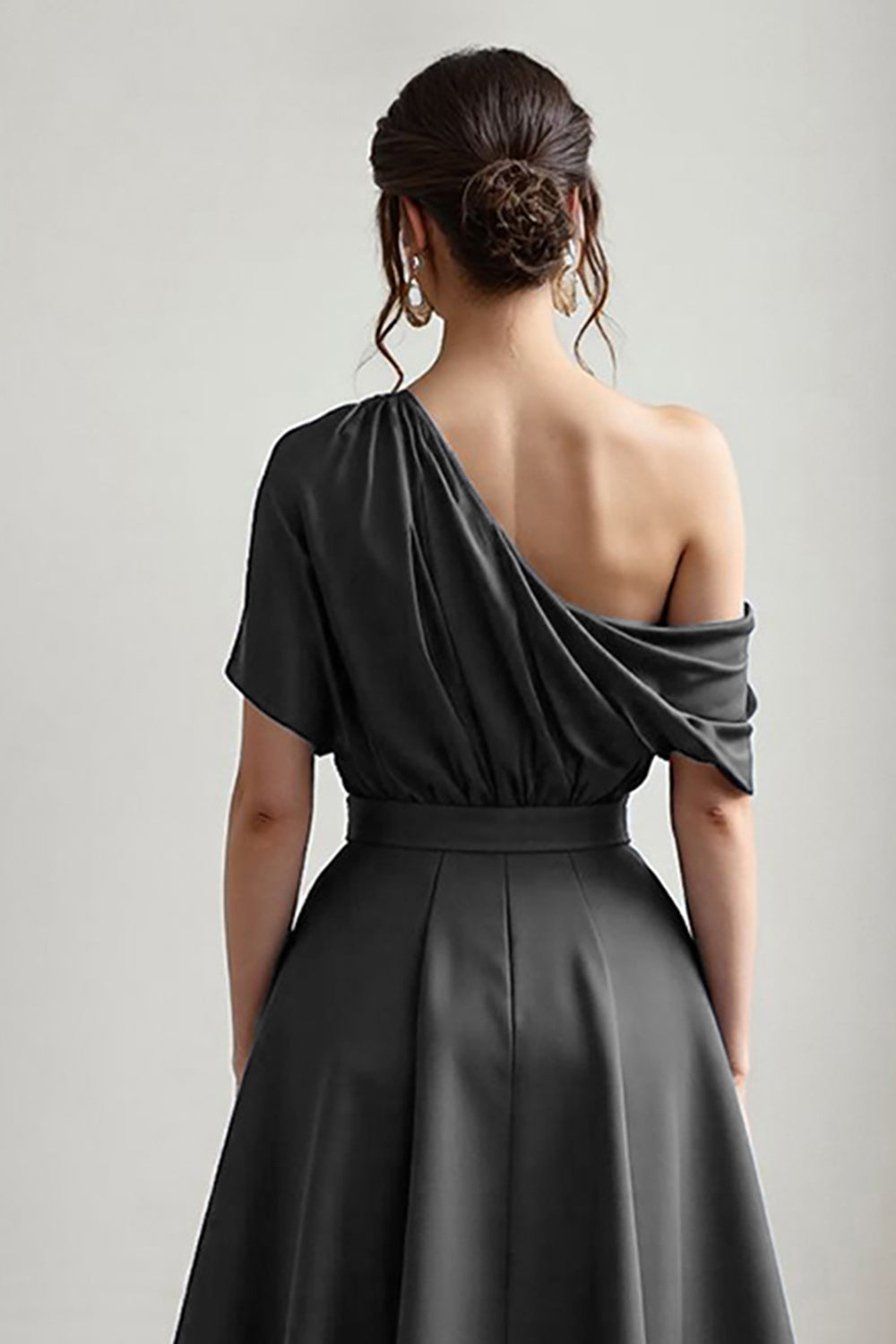 Black A Line Satin Long Wedding Guest Dress with Pockets