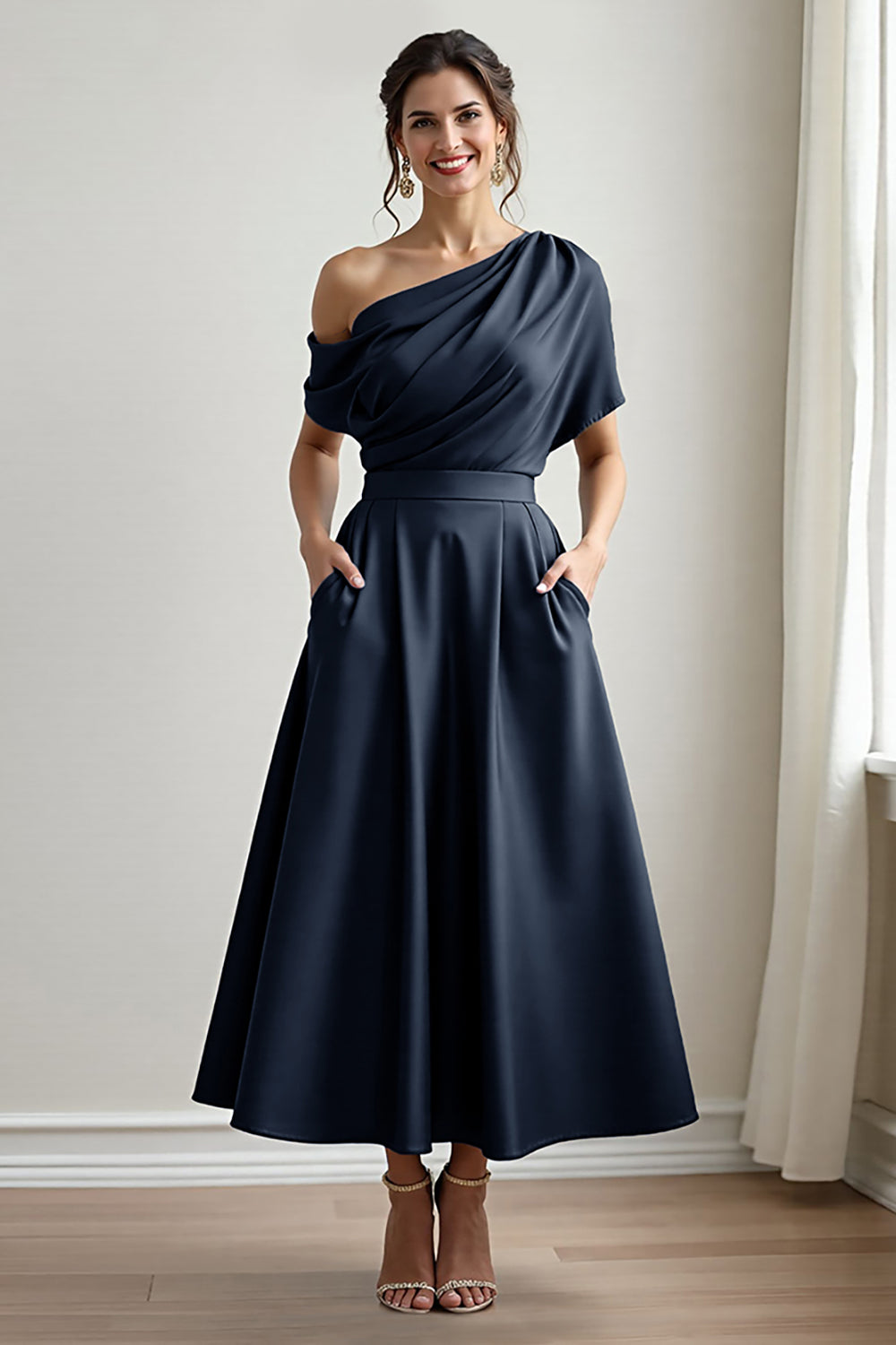 Black A Line Satin Long Wedding Guest Dress with Pockets