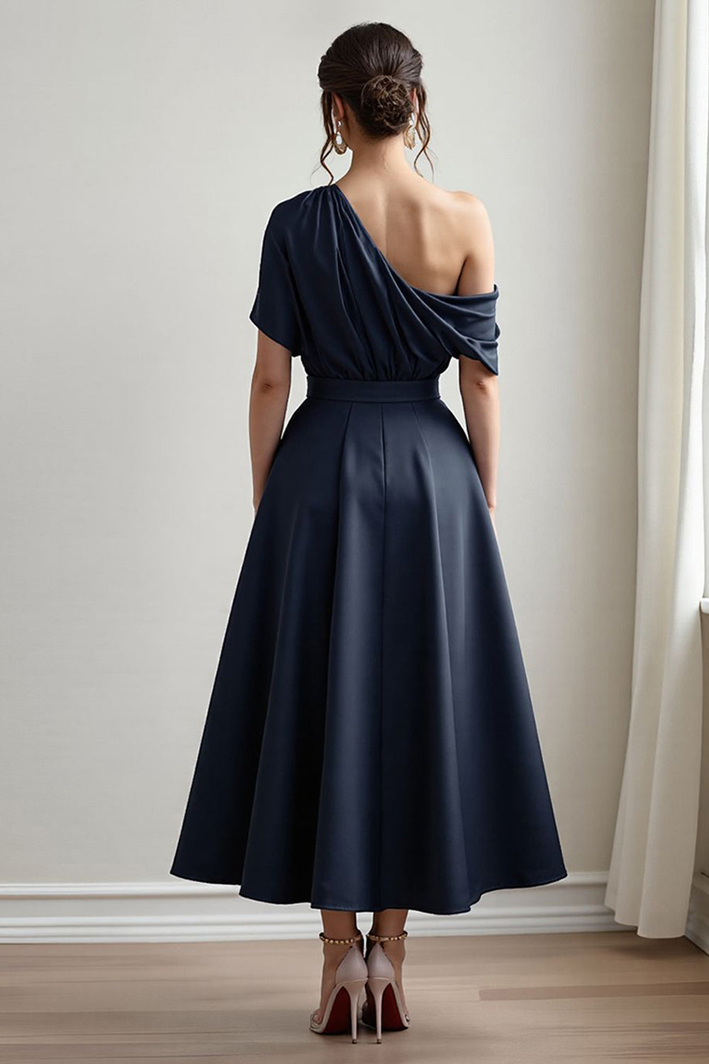 Black A Line Satin Long Wedding Guest Dress with Pockets