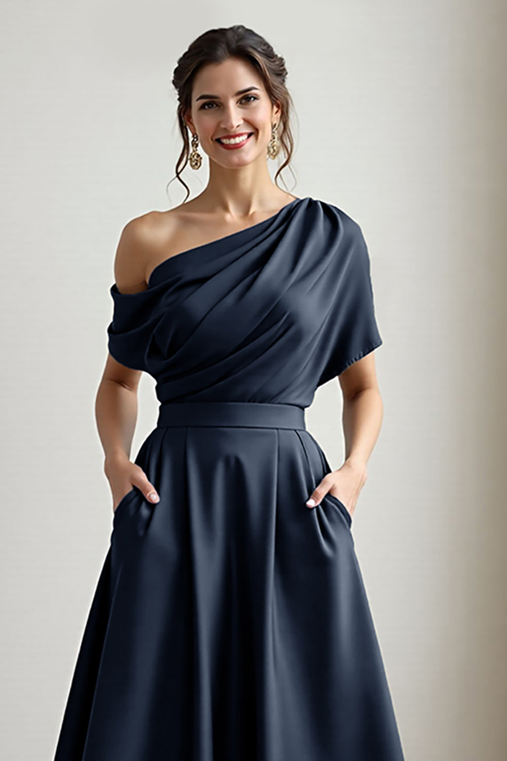 Black A Line Satin Long Wedding Guest Dress with Pockets