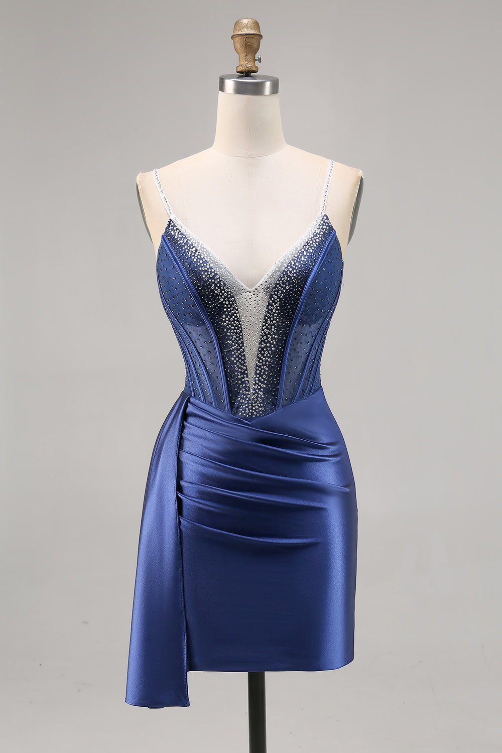 Sparkly Navy Satin Short Corset Homecoming Dress with Beading