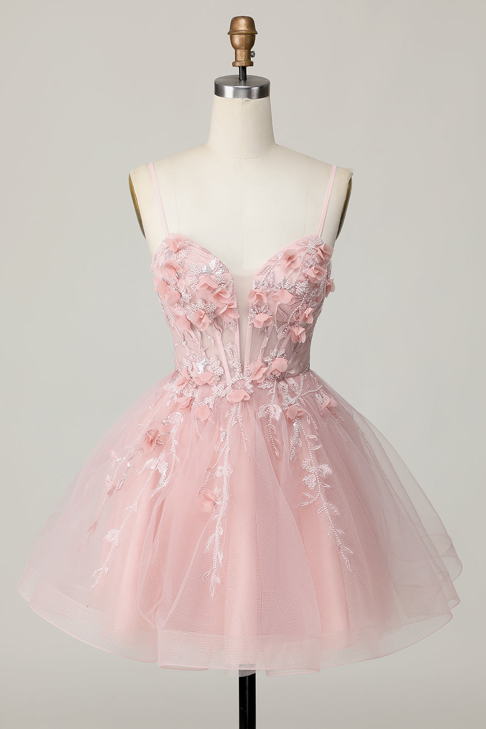 Pink Floral Spaghetti Straps A Line Short Corset Homecoming Dress