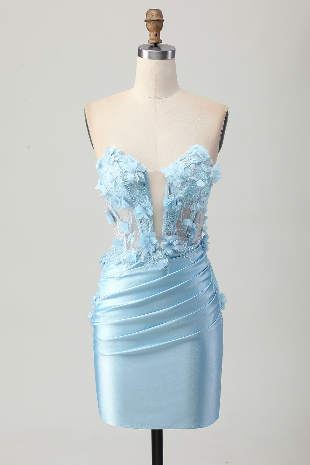 Floral Sky Blue Satin Bodycon Short Corset Homecoming Dress