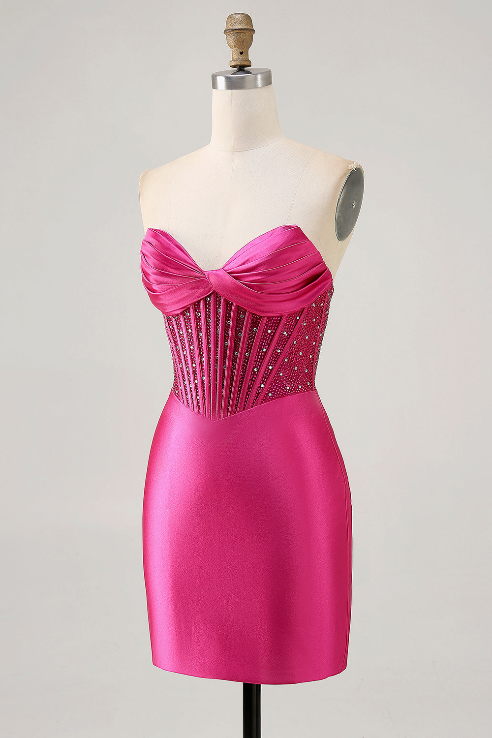 Sparkly Fuchsia Satin Corset Strapless Short Tight Homecoming Dress