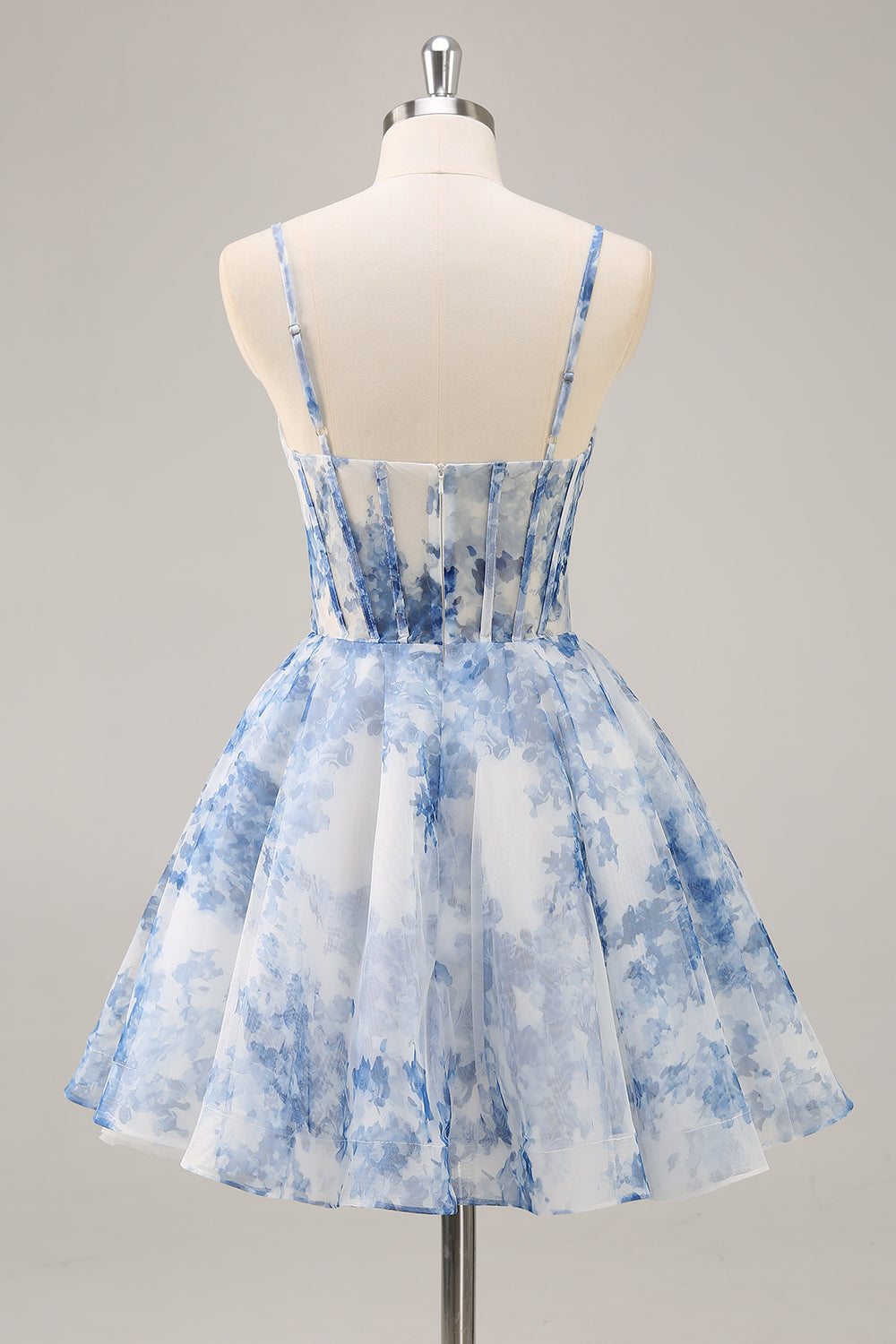 Floral White and Blue A Line Ruched Short Corset Homecoming Dress