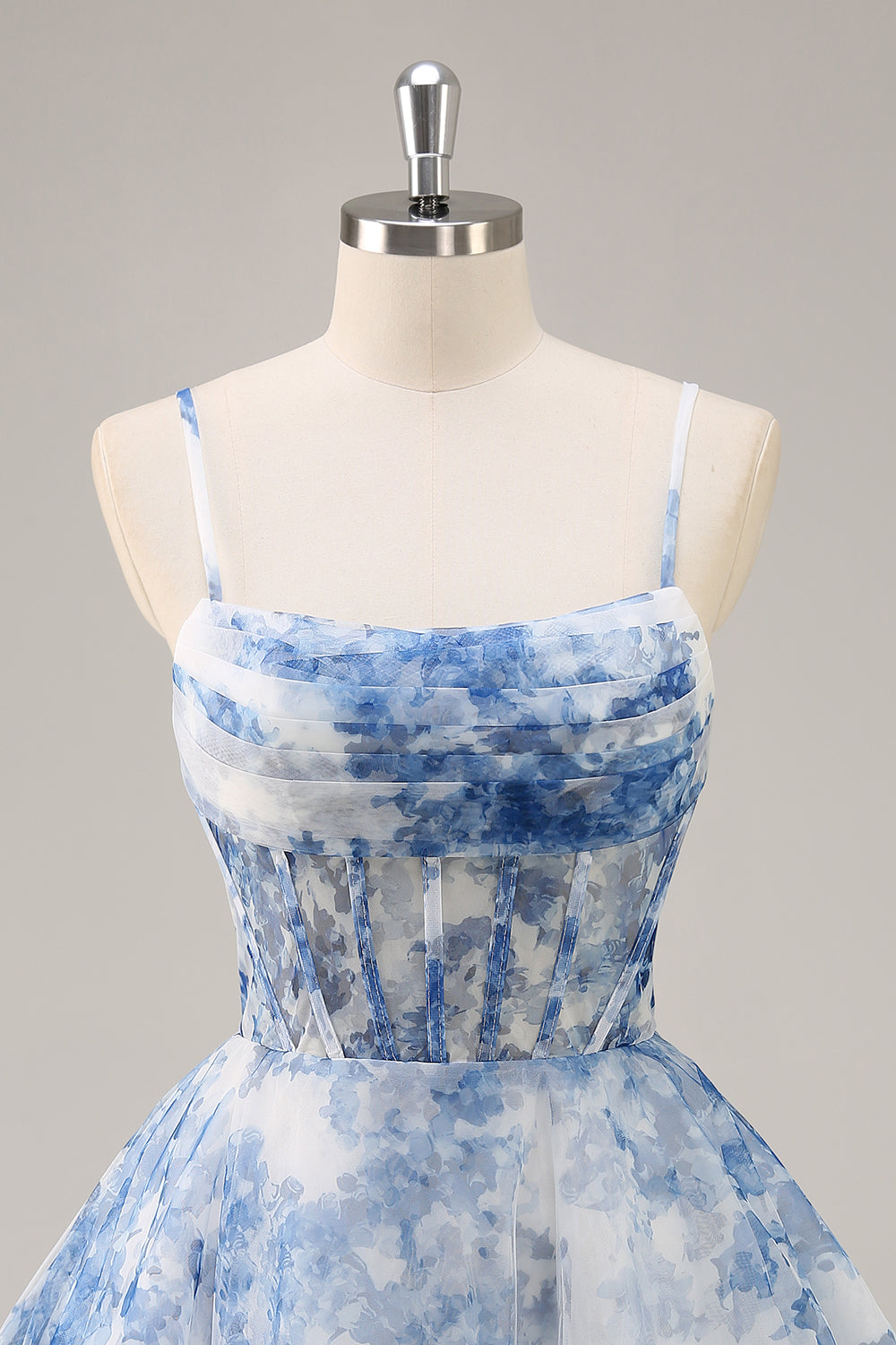 Floral White and Blue A Line Ruched Short Corset Homecoming Dress
