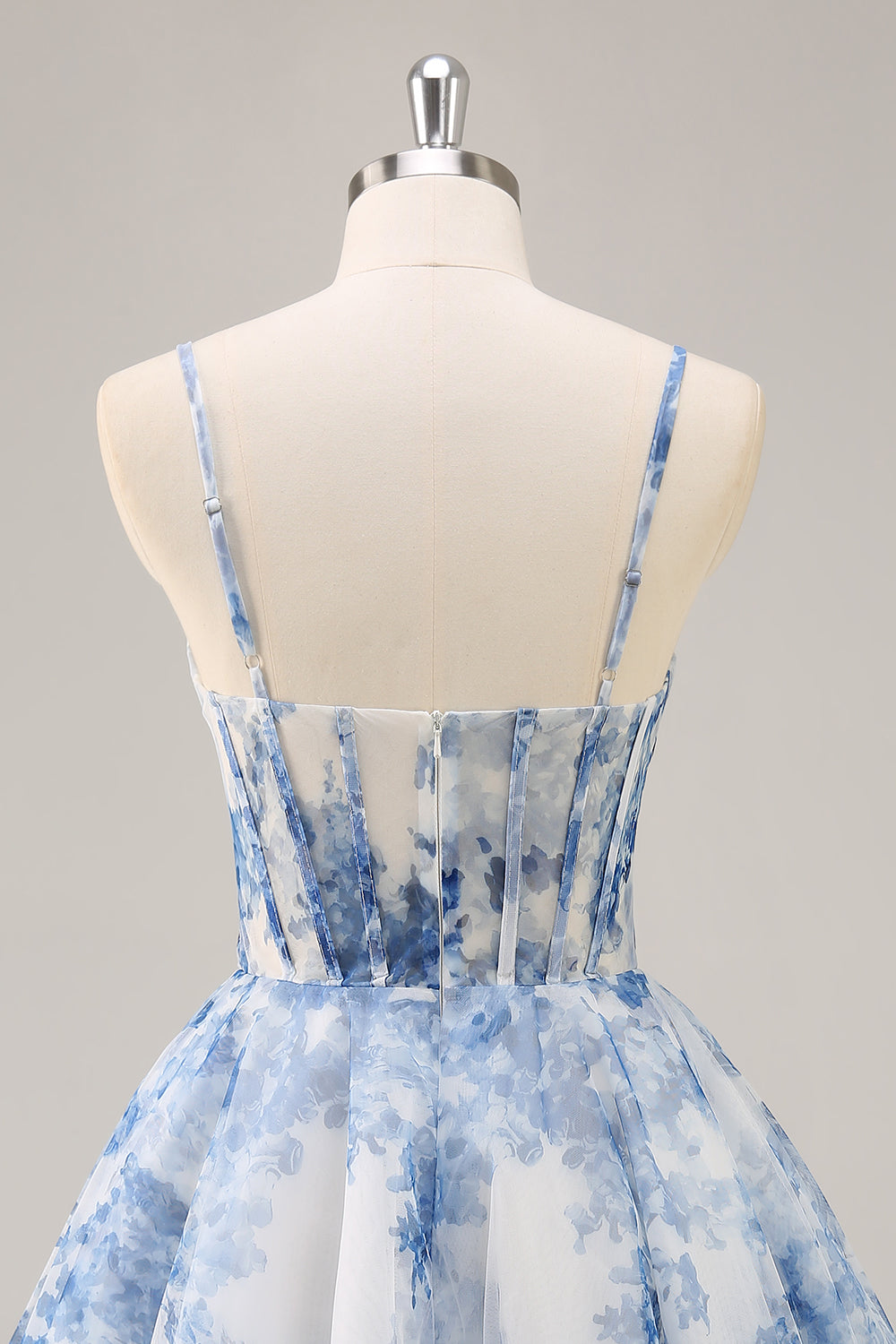 Floral White and Blue A Line Ruched Short Corset Homecoming Dress