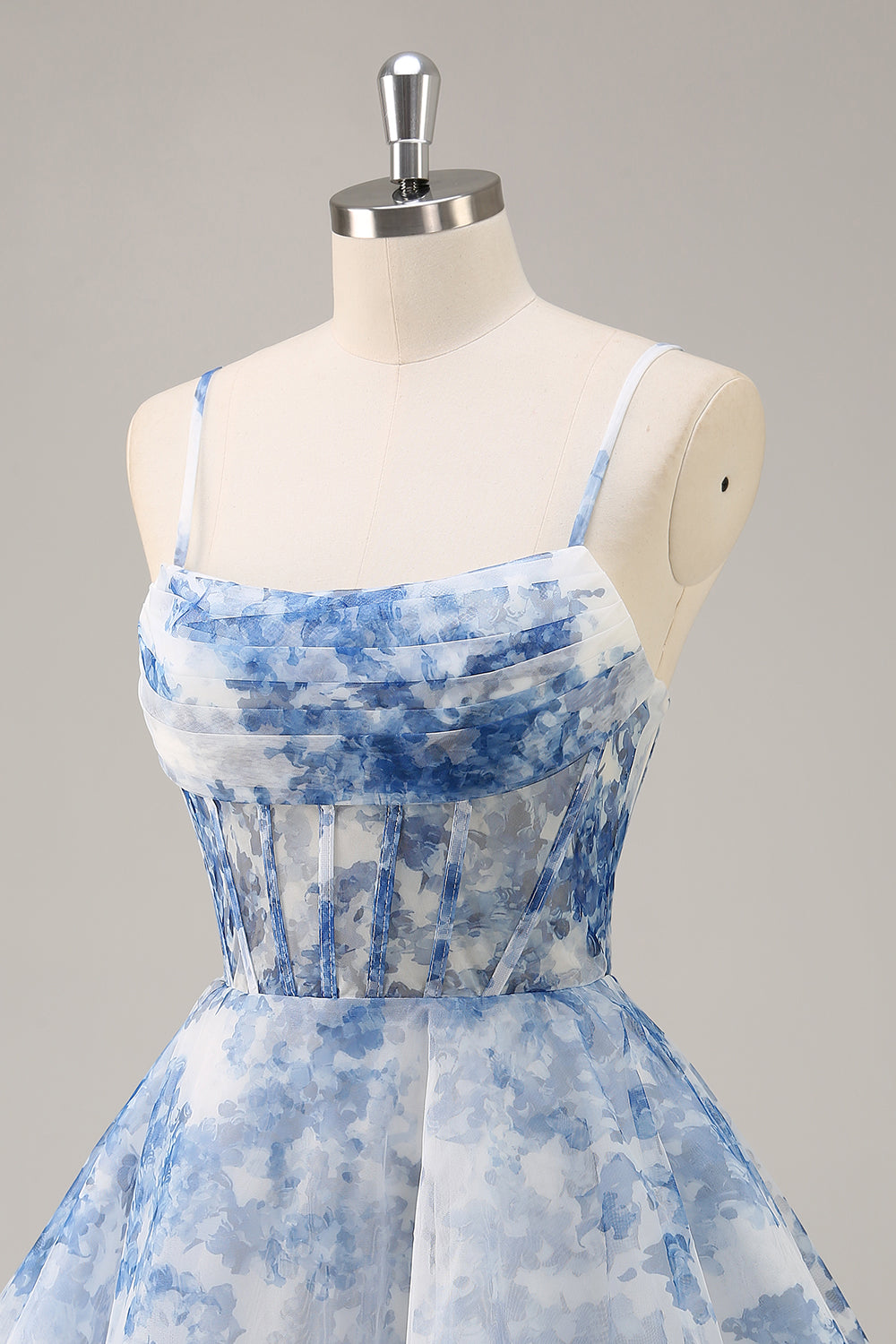 Floral White and Blue A Line Ruched Short Corset Homecoming Dress