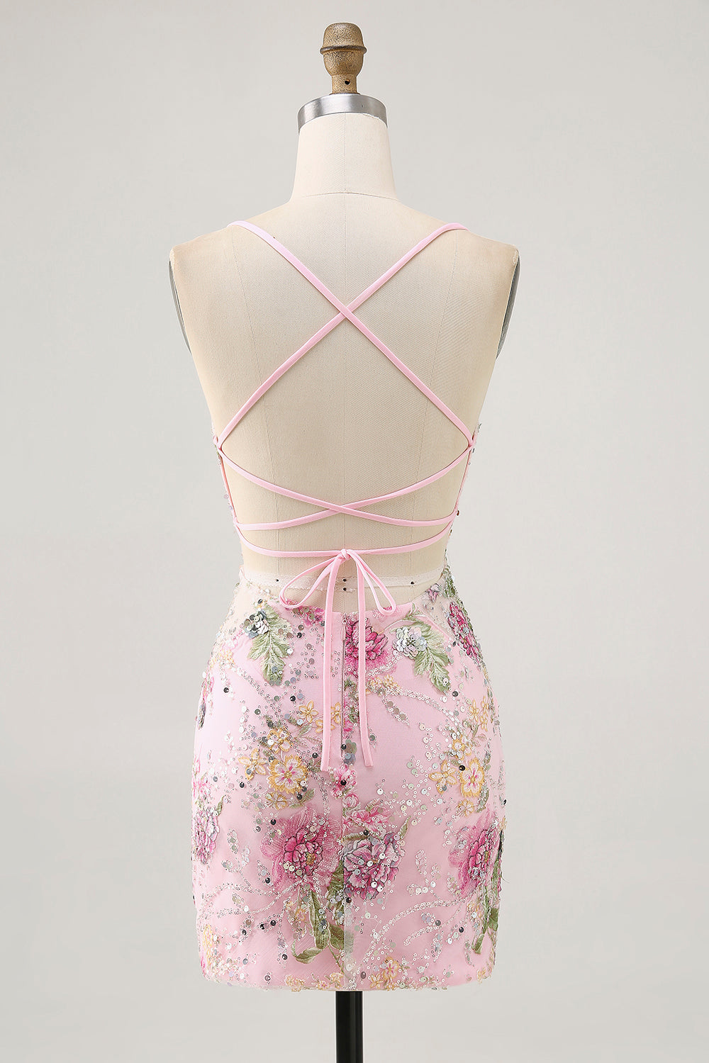 Floral Pink Bodycon Spaghetti Straps Short Homecoming Dress with Beading