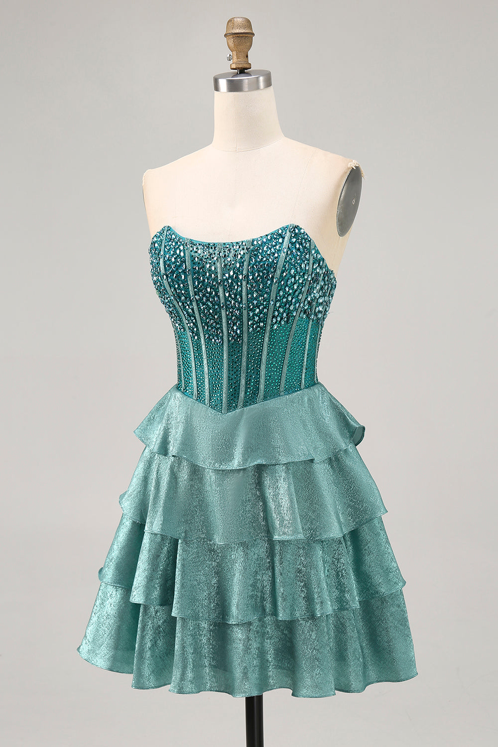 Sparkly Peacock Green Strapless Tiered Short Corset Homecoming Dress