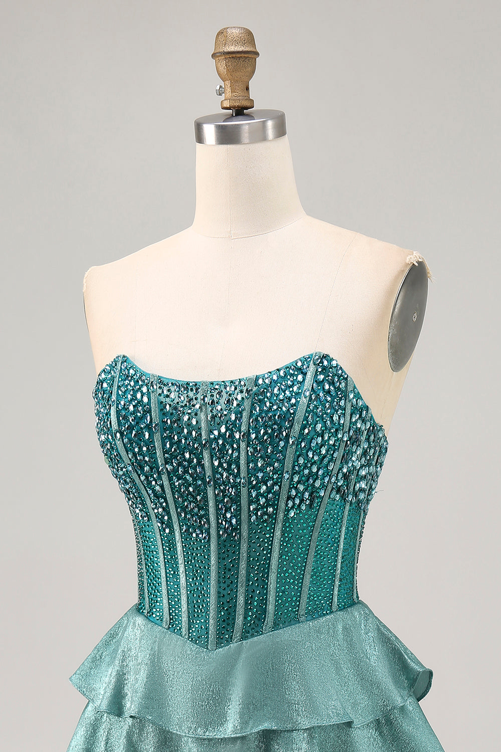 Sparkly Peacock Green Strapless Tiered Short Corset Homecoming Dress