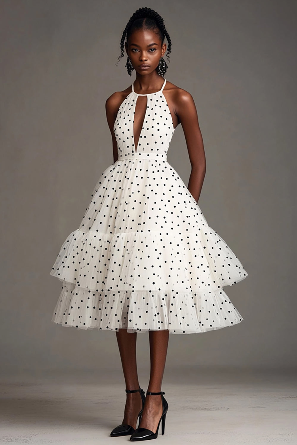 White and Black Tulle A Line Tiered Midi Polka Dot Dress with Ruffles