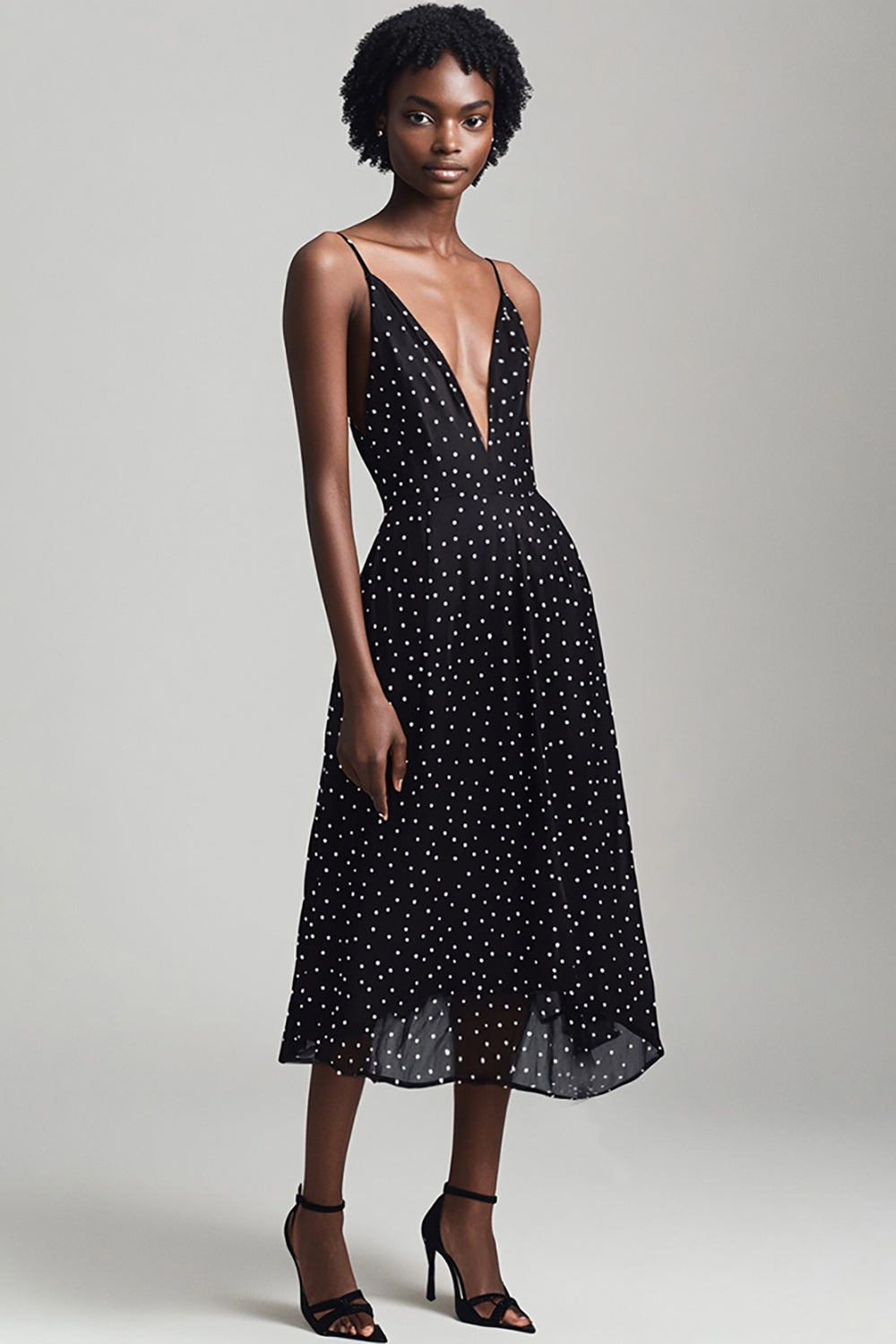 Black and White Boho Chiffon A Line Deep V-Neck Maxi Polka Dot Dress