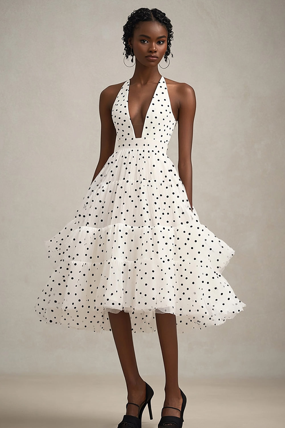 Black and White Tulle Tiered A Line Midi Polka Dot Dress