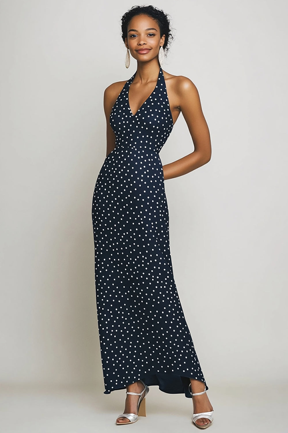 Navy and White Halter Sheath Boho Maxi Chiffon Polka Dot Dress