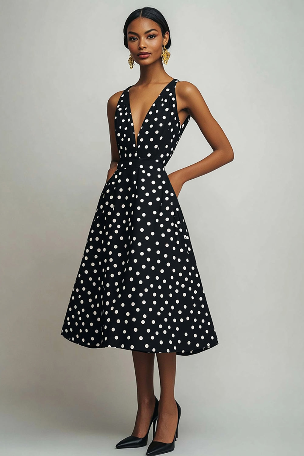 Black and White Satin A Line V-Neck Boho Midi Polka Dot Dress