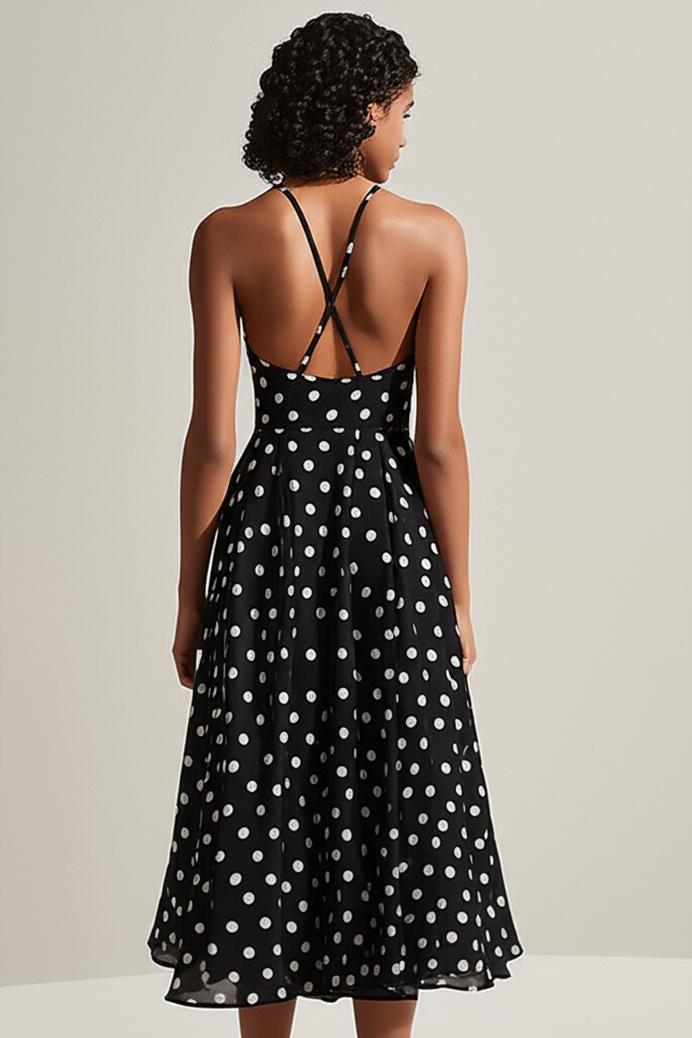 Black and White A Line Chiffon Spaghetti Straps Boho Midi Polka Dot Dress
